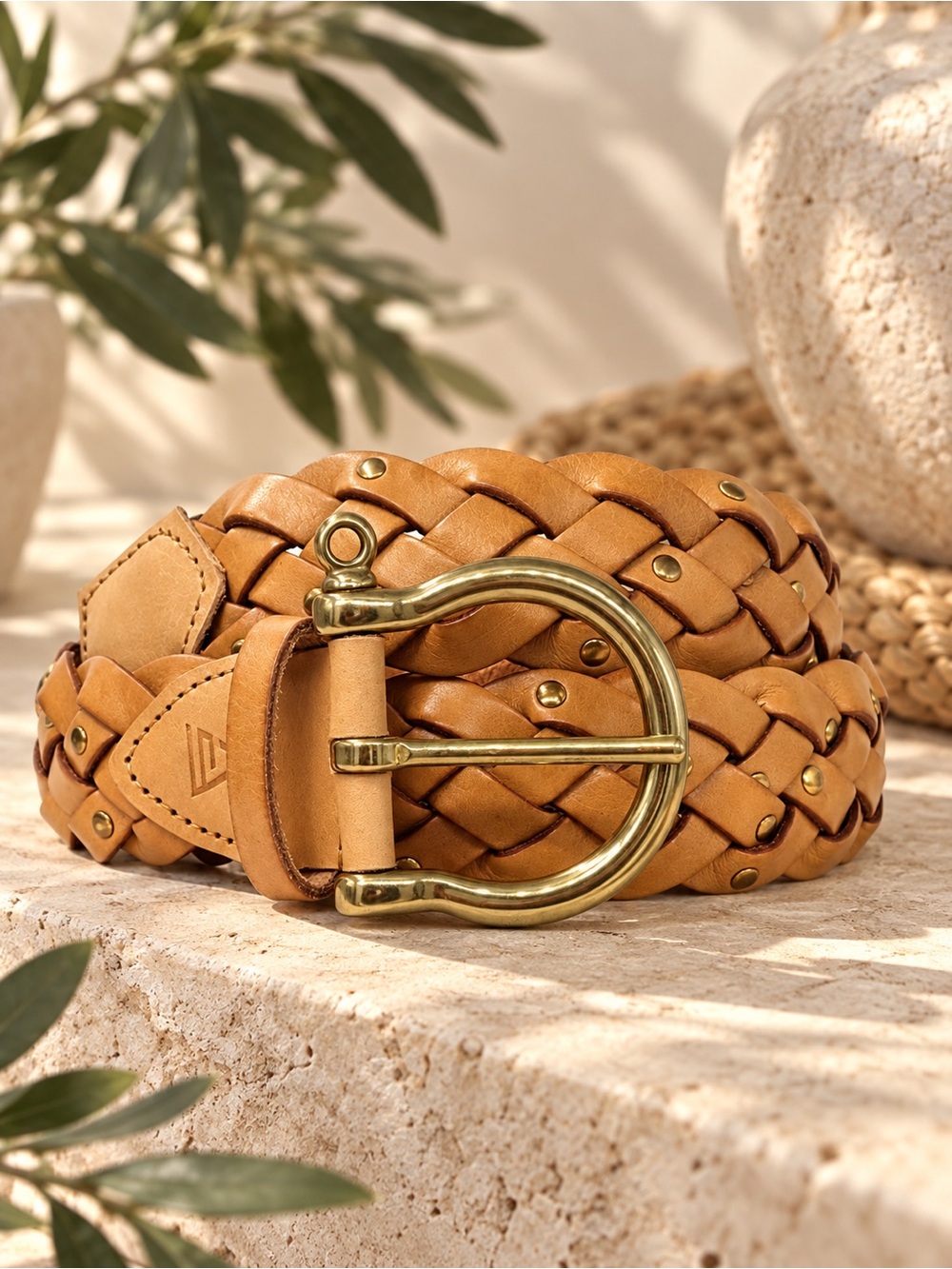 Alero Sport Edgiest Camel Woven Studded Italian Leather Belt XS/S equestrian